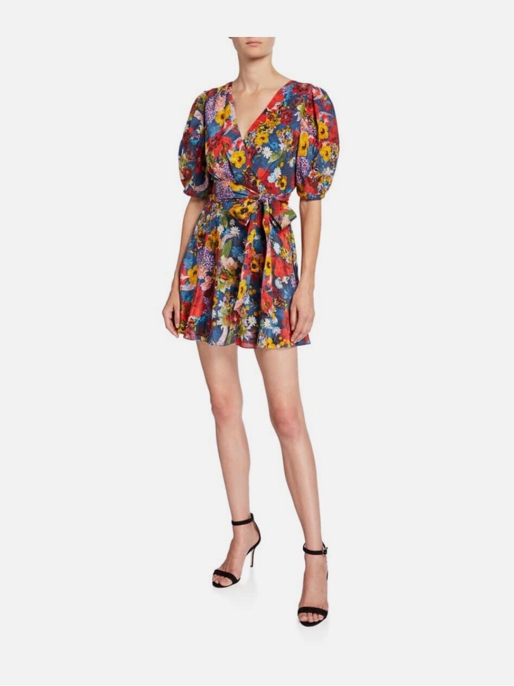 Alice + Olivia Floral Wrap Mini Dress in Blue, Red, Yellow